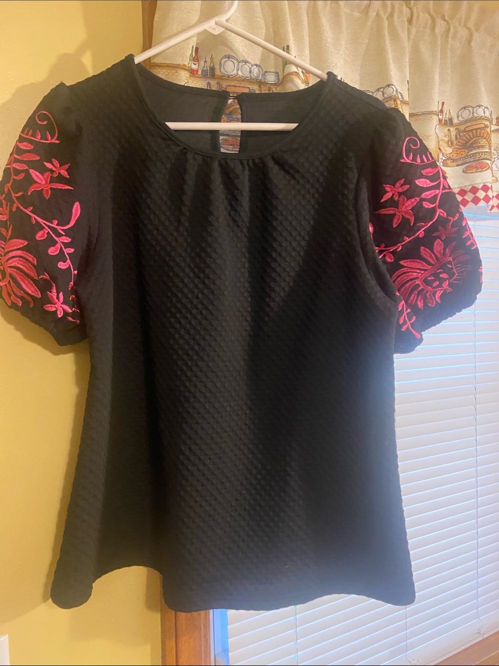 Black Women's Embroidered Sleeve Top - Pink Floral Detail